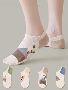 ZUJO 4 Pairs Women's Short Socks, Cartoon & Polka Dot & Animal Pattern, Suitable For Spring/Summer Daily Wear, Simple & Comfortable, Random Color - Multicolor - View 1