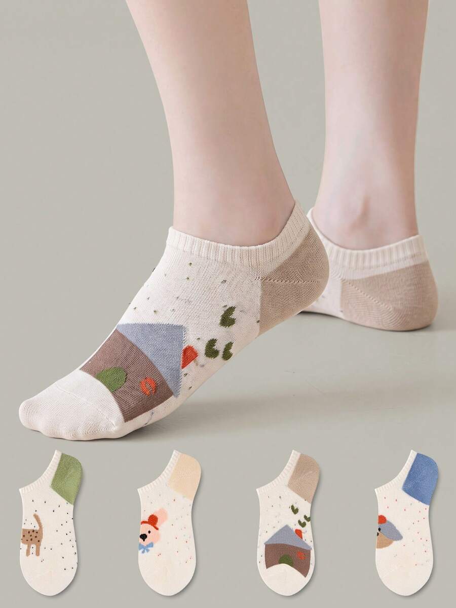 ZUJO 4 Pairs Women's Short Socks, Cartoon & Polka Dot & Animal Pattern, Suitable For Spring/Summer Daily Wear, Simple & Comfortable, Random Color - Multicolor - View 1