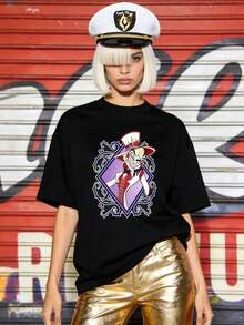 Summer Casual Soft Cotton Printed Crew Neck Short-Sleeve Top With Retro European Street Y2K Style. - Black - View 1