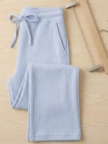 Blogueirinha Children's Wide Leg Pants In Ribbed Cotton Fabric With Pocket, Comfortable And Soft - Baby Blue - View 2