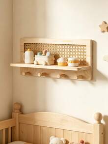 1pc Wall-Mounted Storage Shelf, Rectangular Wooden Shelf With Woven Floral Decoration, Suitable For Children's Room Newborn Essentials Room Essentials - Multicolor - View 7