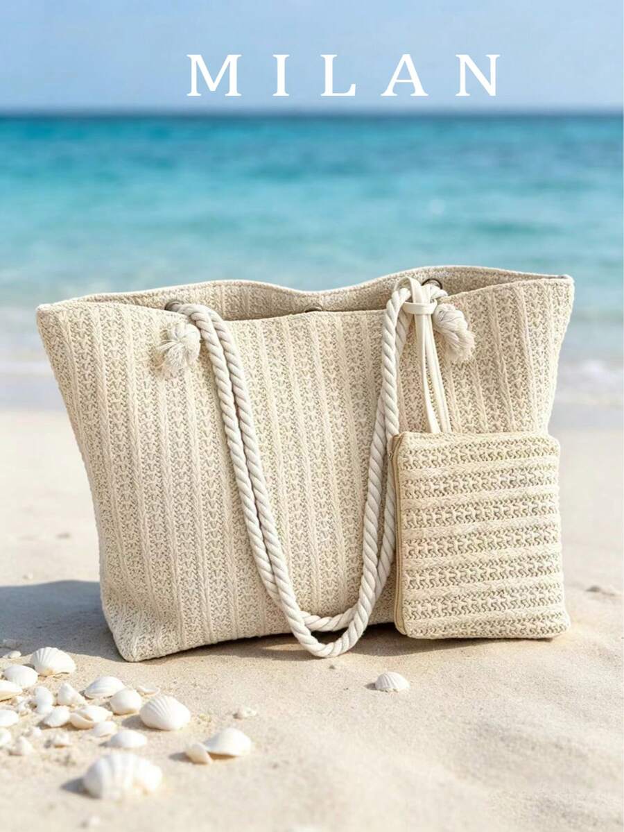 2026夏季女款鬆弛感草編打結設計海灘托特包,1件裝,百搭大容量收納,旅行必備 - 米色 - 查看 1