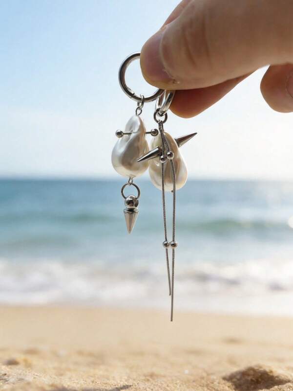 1 Pair Personalized Asymmetry Punk Silver Stainless Steel Spike Earrings Y2k Piercing Pearl Earrings For Women Summer Beach Accessories