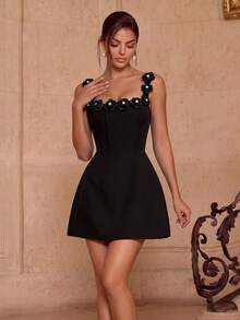 ADYCE Elegant Thick Strap Waisted Backless Bodycon Tie-Back Embroidery Fishbone Short Prom Gown Homecoming Wedding Guest Ball Birthday Party New Year Club - Black - View 3