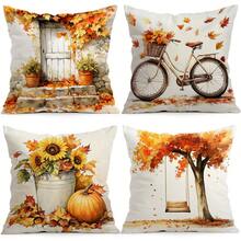 4 Stück Landhausstil Herbstthema Muster Kissenbezüge ohne Füllung, einseitig bedruckte Kissenbezüge, geeignet für Wohnzimmer, Schlafzimmer, Heimdekoration, Ganzjahres-Kissenbezüge - Verschiedenfarbig - Übersicht 1