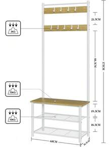 Bench With Shoe Rack, 3-In-1 Shelving Unit With Coat Rack, Shoe Bench And Shoe Shelf, Entryway Shoe Rack With Independent Coat Rack, With 3 Shelves And 9 Removable Hooks, Beige - Black - View 2