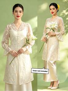 1pc Solid Color Elegant Embroidered Button Long Sleeve Blouse For Women, Spring/Summer (Inner Layer Not Included) - Champagne - View 1