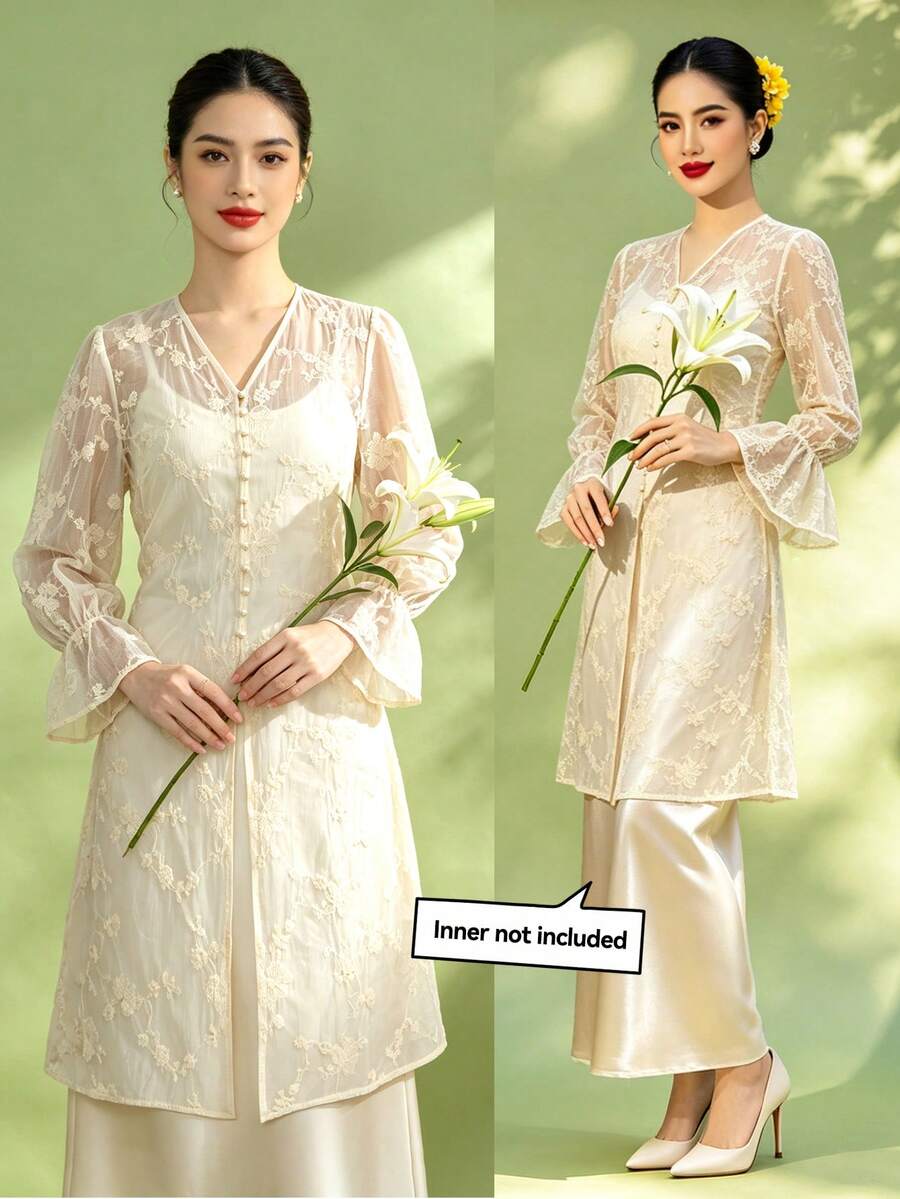 1pc Solid Color Elegant Embroidered Button Long Sleeve Blouse For Women, Spring/Summer (Inner Layer Not Included) - Champagne - View 1