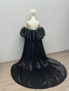 一件酒红色缎面新娘披肩，奢华斗篷，泡泡袖长拖尾，170厘米 - 彩色 - 查看 24