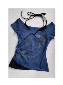 Camiseta de manga corta estilo punk subcultura vintage retro, de dos piezas simuladas, estilo americano dulce y picante, para mujer, corte ajustado. - c9042: Camiseta de dos piezas azul claro falsa - Ver 4