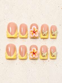 10pcs Handmade Wearable Nails Summer Y2K Manicure Set, Short Square Acrylic False Nails, Yellow French Tip 3D Hibiscus Flower Gold Butterfly Nail Art, Glossy Tropical Style Wearable Nails, Suitable For Beach Vacation Party Handmade Press On Nails - Multicolor - View 2