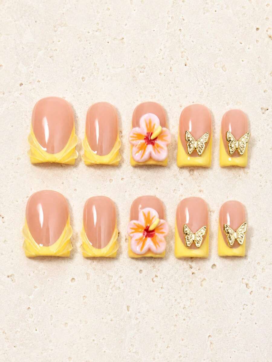 10pcs Handmade Wearable Nails Summer Y2K Manicure Set, Short Square Acrylic False Nails, Yellow French Tip 3D Hibiscus Flower Gold Butterfly Nail Art, Glossy Tropical Style Wearable Nails, Suitable For Beach Vacation Party Handmade Press On Nails