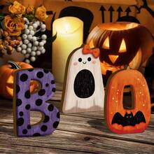 Cute Halloween BOO Wooden Desktop Decor, Polka Dot Ghost & Bat Pumpkin Sign, Spooky Style Multi-Layer Tray Ornament, Autumn Halloween Home Decoration, Suitable For Party Lovers - A - View 1