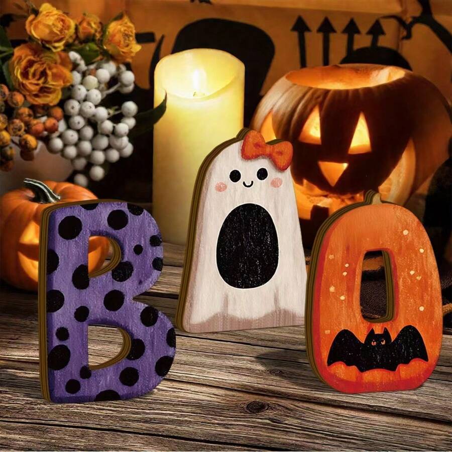 Cute Halloween BOO Wooden Desktop Decor, Polka Dot Ghost & Bat Pumpkin Sign, Spooky Style Multi-Layer Tray Ornament, Autumn Halloween Home Decoration, Suitable For Party Lovers - A - View 1