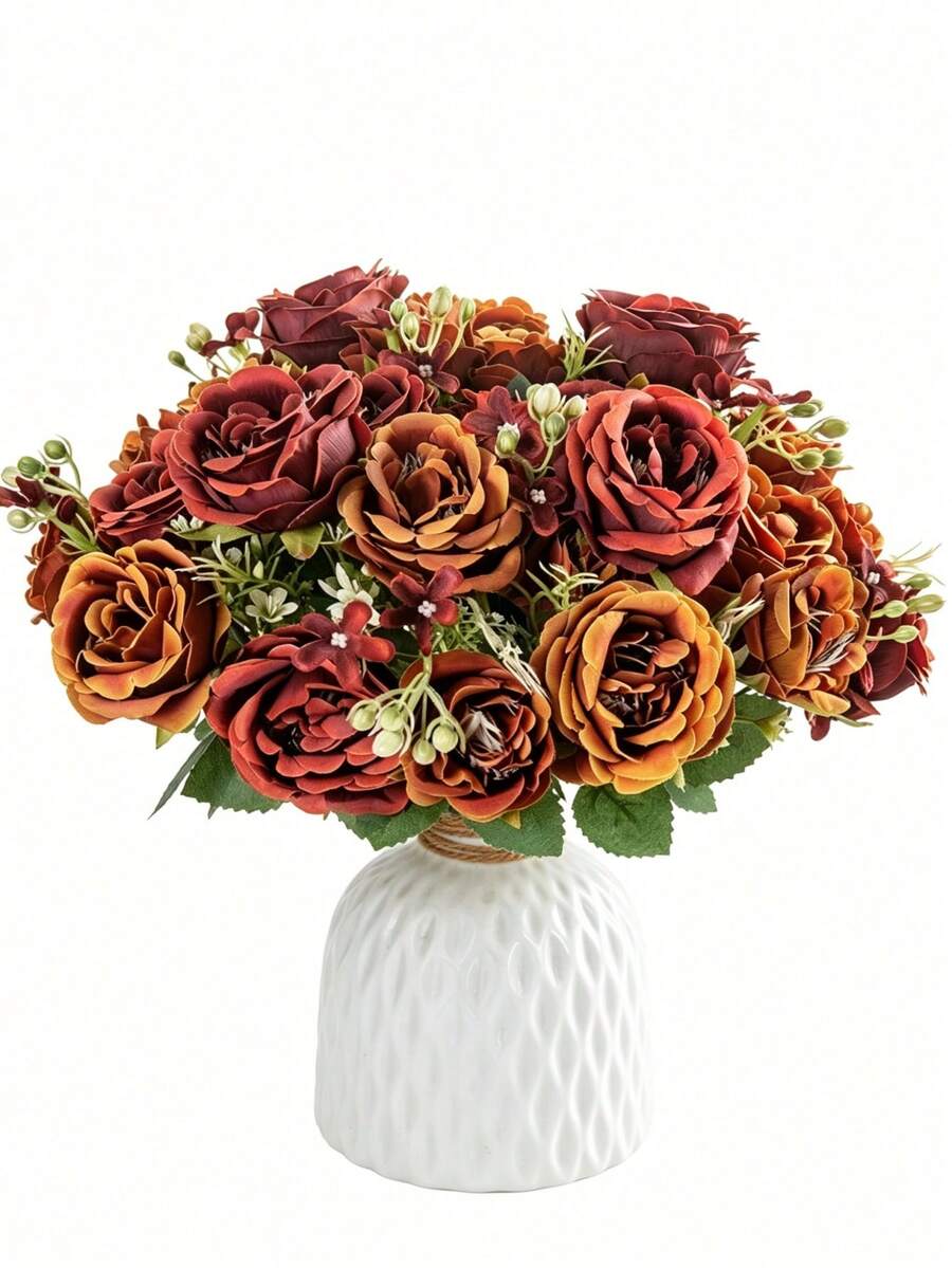 1/3pcs Artificial Rose Flower Bouquet, Suitable For Spring And Autumn Decoration, Wedding Vase, Home, Restaurant, Bedroom, Kitchen, Bathroom Decor, Mother's Day Gift, Holiday Birthday Party Supplies, Outdoor Garden Decoration - Orange - View 1