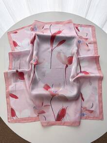 1 pieza Pañuelo cuadrado de seda sintética con estampado de pintura al óleo, accesorio para el cabello multiusos para mujer - Rosa vieja - Ver 3