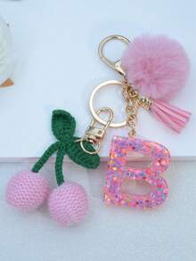 1pc Resin Starry Sky Epoxy English Letter Keychain With Tassel And Black Fur Ball Decoration, Heart Pendant Gift For Friend And Mom - Baby Pink - View 3