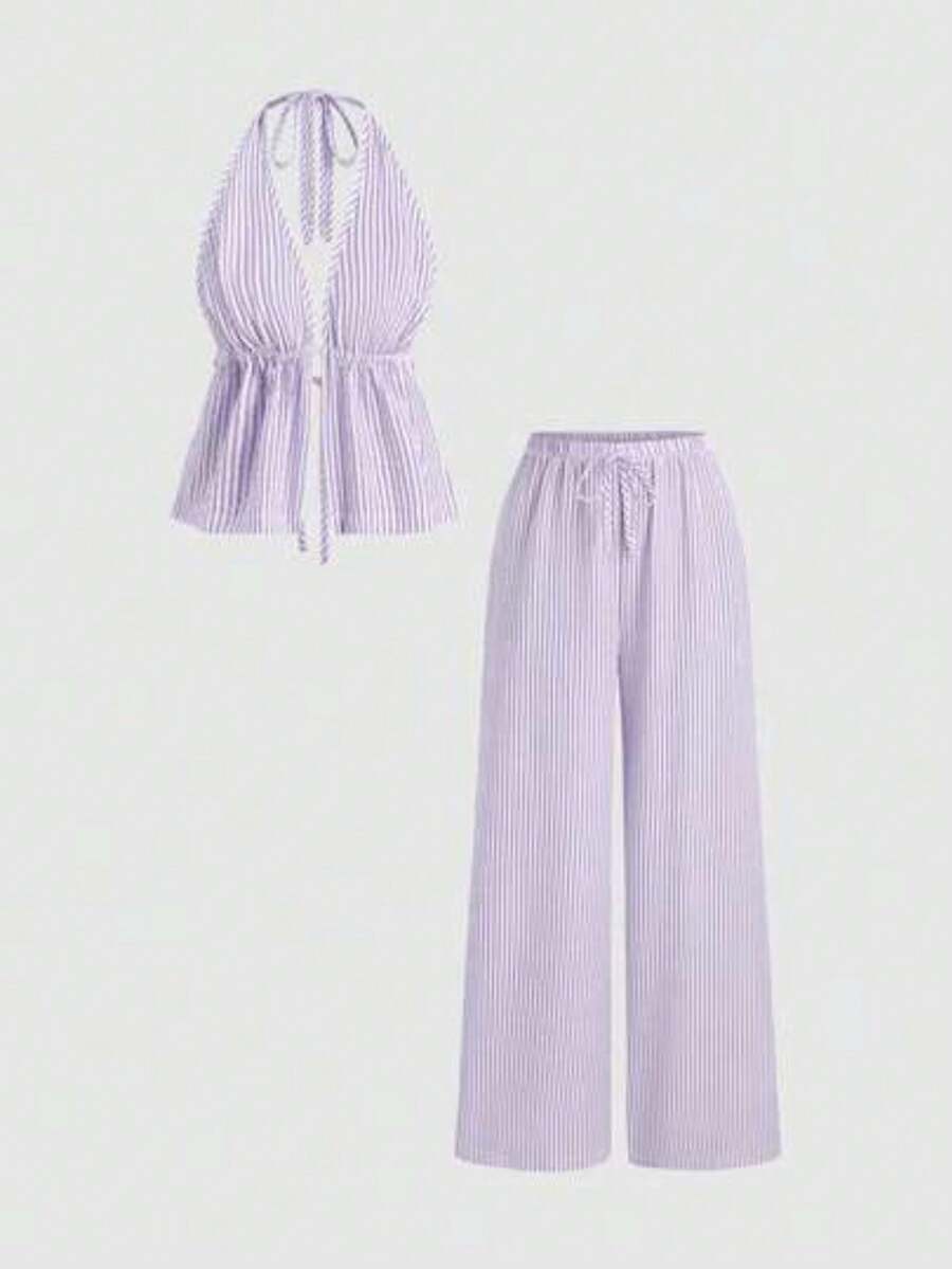 Conjunto de top halter con espalda descubierta y pantalones rectos de pierna ancha con textura y rayas, adecuado para primavera y verano, ide - Morado - Ver 1