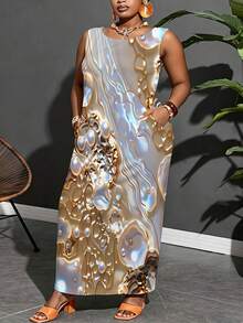 Sleeveless Midi Dress With Abstract Pearl And Gold Pattern For Women Suitable For Leisure And Sports Scenarios - 彩色 - 查看 1