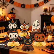 6PCS Halloween Party Vintage Theme Desktop Decorations, Cartoon Vintage Theme Halloween Honeycomb Ornaments, Includes Owl, Pumpkin Head, And Skull, Suitable For Halloween Party Table Decoration, Party Supplies, Can Be Used Indoors - A - View 5