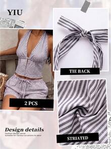 YIU 2pcs/Set Women's Sexy Halter Neck Backless Grey Striped Top + Elastic Waist Shorts Bohemian Style Outfit, Fashionable Summer Wear - Grey - View 7