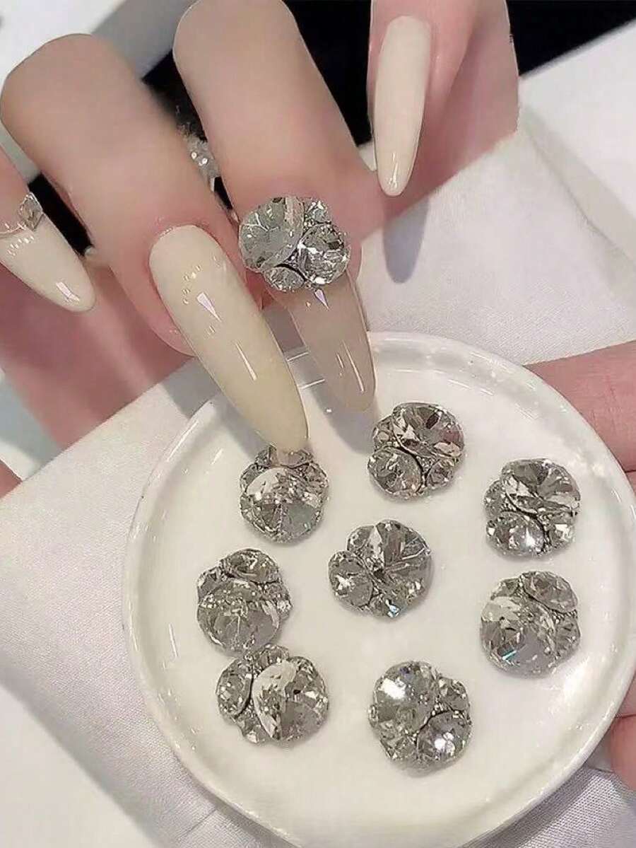 10pcs K9 Crystal Large Square Stacked Rhinestones, Transparent Alloy 3D Stacked Rhinestones For Nail Art Decoration, DIY Nail Art Rhinestones Nail Art Supplies Nail Art Gems - White - View 1
