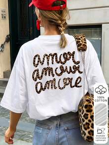 Women's 100% Pure Cotton Leopard Print Letter Graphic T-Shirt, Loose Breathable Casual Top, Suitable For Street Daily Wear - White - View 1
