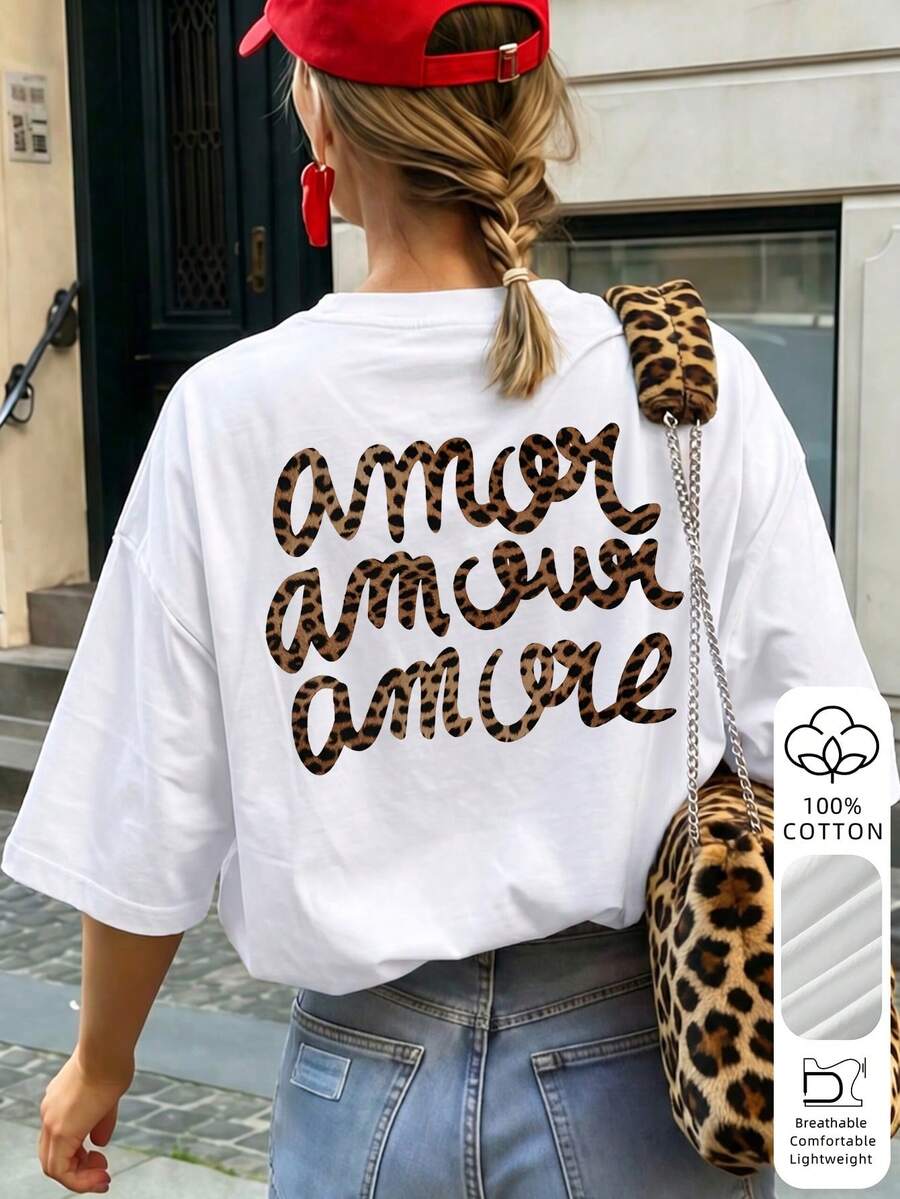 Women's 100% Pure Cotton Leopard Print Letter Graphic T-Shirt, Loose Breathable Casual Top, Suitable For Street Daily Wear - White - View 1