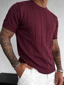 Men's Spring/Summer Ribbed Crew Neck Lightweight Loose Fit Short Sleeve Knit Sweater - Red Violet - View 4