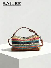 BAILEE Leisure Travel Woven Color-Blocked Shoulder Bag With PU Handle And Weaving Design. Perfect For Beachwear And Gift-Giving. - Multicolor - View 3
