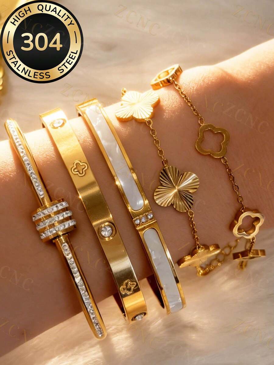 Znice 2026 New Fashion Stainless Steel 18K Gold Plated Flower Bracelet & Bangle Set, Curved Full Rhinestone Design Suitable For Women Daily Wear, Layering Or Single Wear, Summer Jewelry, Waterproof Beach Vacation Accessory