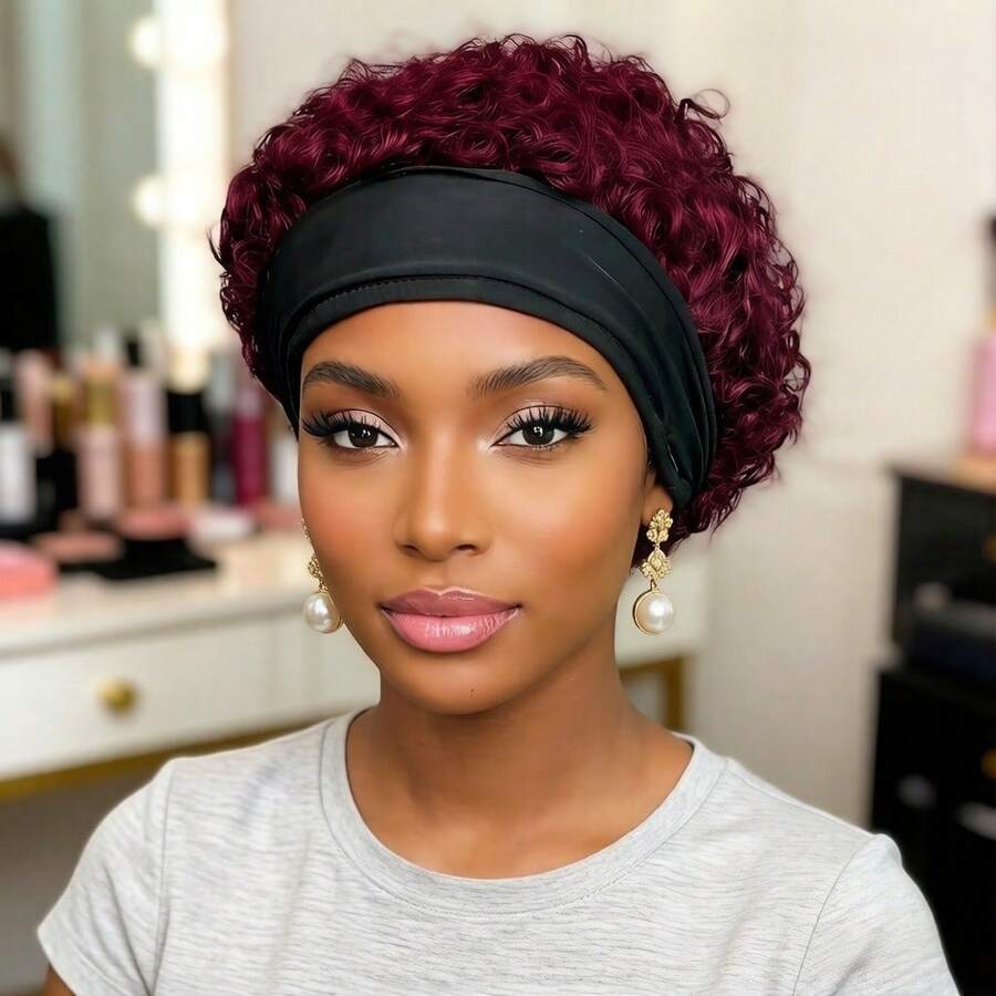 Pixie Headband Curly Wig Human Hair Wig Full Machine Made Wig - Multicolor - View 1