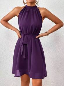 Sleeveless Solid-Color Halter Dress, Fashionable For Summer - 紫色 - 查看 3
