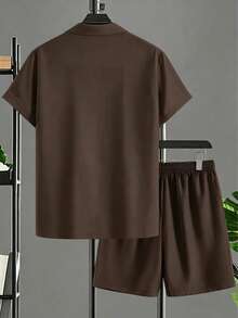 Plus Size Men's Shirt Set, Short Sleeve Shirt And Shorts 2 Piece Set, Solid Color Machine Washable, Plus Size - Coffee Brown - View 4