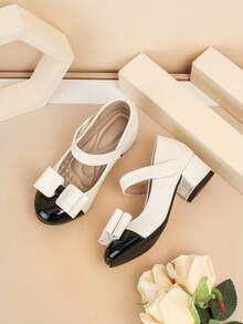 1 Pair Solid Color Fashion Round Toe Girls' Dance Shoes High Heel Pumps, Mirror Material Toe Design With Bow And Flower Decoration, Elegant Princess Shoes Suitable For Performance, Wedding, Outdoor Casual, All Seasons - Black - View 4