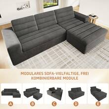 Modular L-Shaped Corner Sofa, Corduroy Fabric, Dark Grey - Dark Grey 4 Seat - View 7