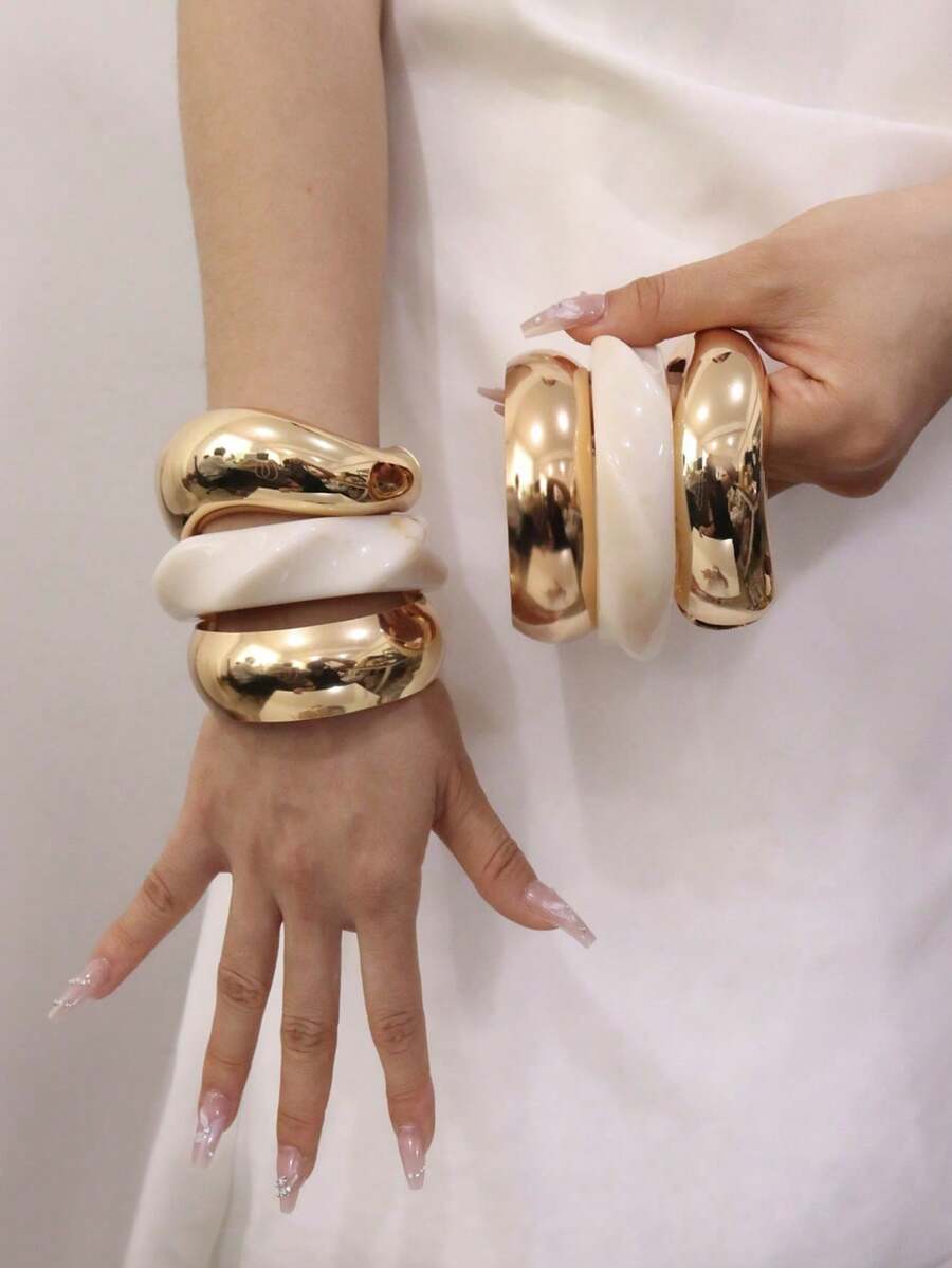 Set Of 3 Unique Bracelets For Women, Elegant, Luxurious, Modern, Wide, Gradient Resin, Color May Vary, Lot - 彩色 - 查看 1