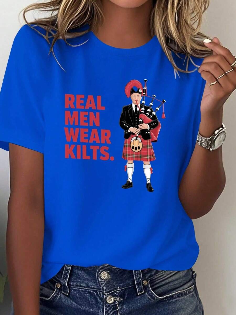 Women's Casual Scottish Tartan T-Shirt - Purely Casual Cut, Printed With The Slogan "Real Men Wear Tartan", Scottish Cultural Clothing, Suitable For Themed Events And - 藍色 - 查看 1