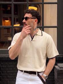 Men's Knitted Polo Shirt, Turn-Down Collar, Short Sleeve, Loose Fit, Vintage Casual, Color Block Black Trim, Lightweight Summer Knit Top - Apricot - View 2