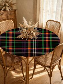 1pc Black Geometric Grid Milk Silk Polyester Elastic Tablecloth, Washable Geometric Plaid Dining Tablecloth Suitable For Home Dining Room, Living Room, Kitchen Decoration, Can Be Used For Anniversary, Birthday Gift Giving And Other Occasions - Multicolor - View 5