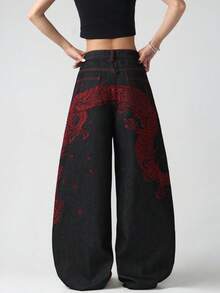 1pc Women's Retro American Street Style Red Embroidered Black Loose Wide-Leg Jeans, Versatile Denim Pants (Belt/Accessories Not Included) Casual Fall - Black - View 2