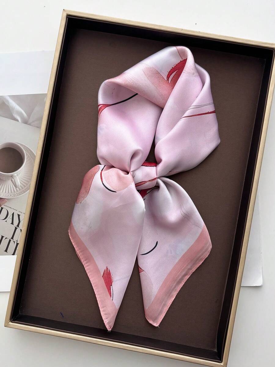 1 pieza Pañuelo cuadrado de seda sintética con estampado de pintura al óleo, accesorio para el cabello multiusos para mujer - Rosa vieja - Ver 1