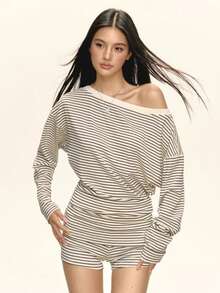 Fashion Women's Casual Striped 2 Pieces Set, Asymmetric Neckline Striped Long Sleeve Top With Drawstring Shorts, Spring/Autumn Streetwear And Home Leisure Outfit - Apricot - View 8