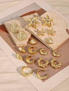 3/9 Pairs Fashionable Elegant Gold-Plated Starfish Shell Multi- Metallic Women's Earrings Set, Suitable For Beach Vacation And Daily Wear (Lightweight CCB Material, Non-Fading) - Yellow Gold - View 3
