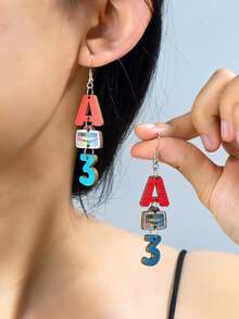 1 par de pendientes de acrílico coloridos con letras y números, joyería de oreja versátil y linda para la vuelta a la escuela y la temporada de graduación - Multicolor - Ver 1