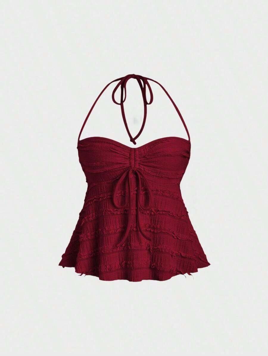 Solid Color Halter Tops With Drawstring At The Bust, Y2K Style For Women - Dark Red - View 1