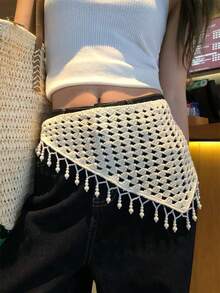 1件波西米亞風鉤編蕾絲流蘇腰圍巾，可搭配裙子與上衣，海灘圍巾或三角巾，適合度假 - 米色 - 查看 2