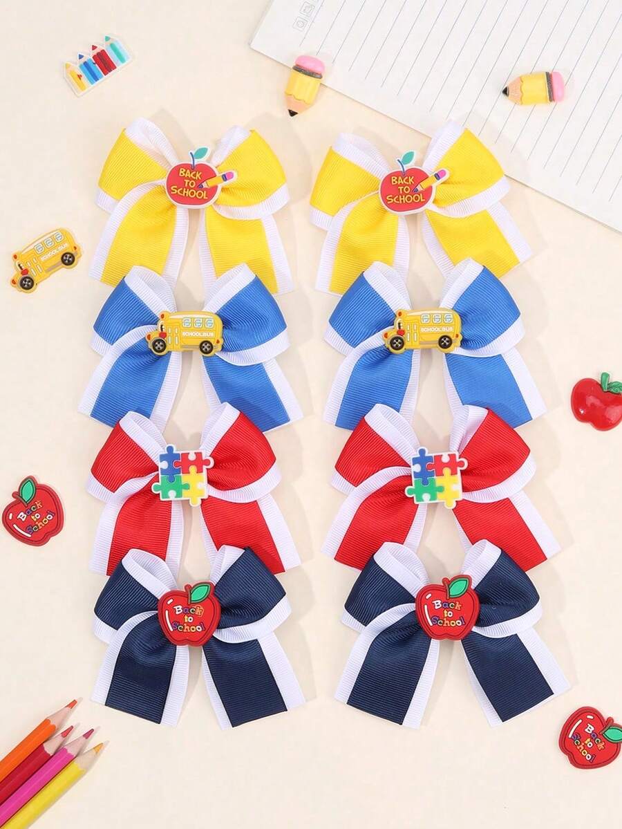 2/8 piezas de pinzas para el cabello de niña para la vuelta a la escuela, de varios colores, con lazo de cinta de unicolor, lindo pasador de lápiz, barrettes para el primer día de escuela, accesorio para el cabello como regalo para estudiantes - Multicolor - Ver 1