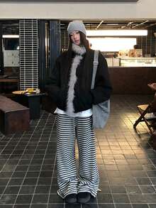 女款毛絨麂皮抓絨加厚外套，秋冬款絎縫填充外套 - 黑色 - 查看 8