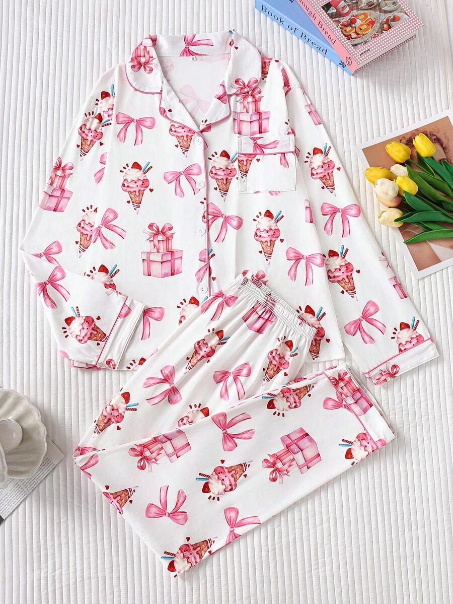 2 pièces Ensemble de pyjama pour femmes avec imprimé intégral de nœud de glace, tissu satin premium, lisse et confortable, top à manches longues boutonné ample et léger et pantalon, style fille douce, ensemble de vêtements de nuit quotidien pour femmes - Rose bonbon - Voir 1